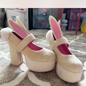 Sugar Thrillz Cream Furry Bunny Platform Heels